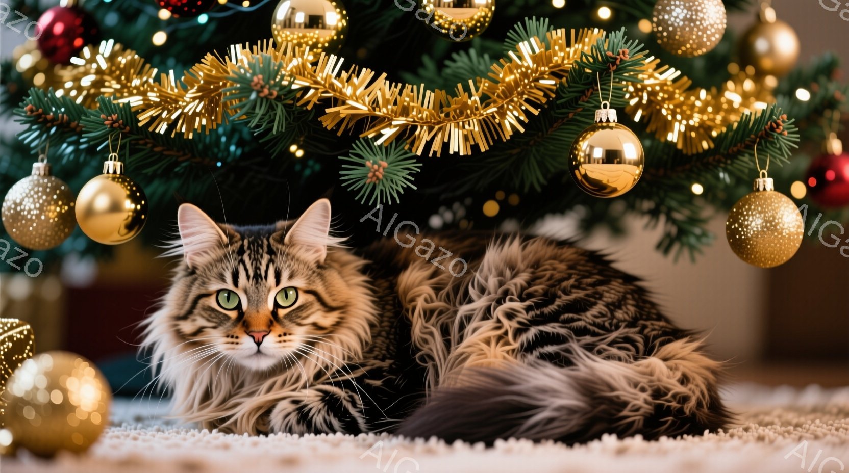 長毛の縞模様の猫が、クリスマスツリーの下に横たわっています。緑色の瞳が印象的で、リラックスした表情でカメラを見つめています。背景には、金色のモールと様々な色のオーナメントで飾られたクリスマスツリーがあり、暖かく華やかな雰囲気を醸し出しています。