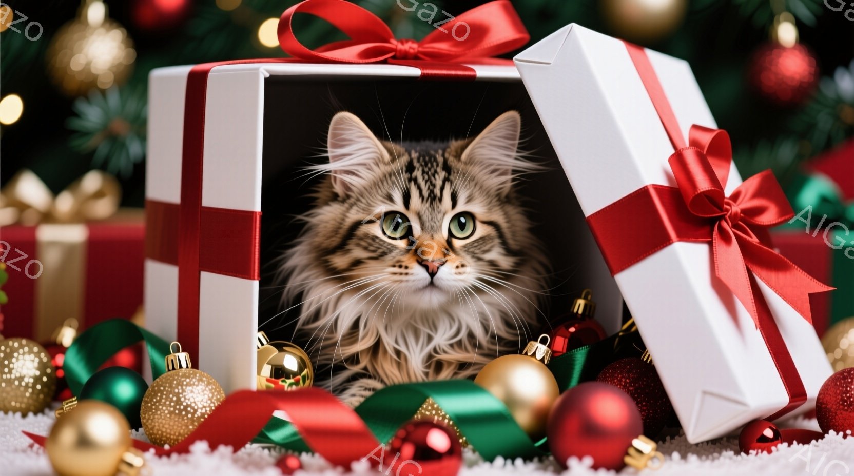 ふわふわの茶トラ猫が白いギフトボックスの中に座っており、好奇心と少しの警戒心を持ってカメラを見つめています。ギフトボックスは赤いリボンで飾られ、背景には赤、緑、金色のクリスマスオーナメントが散りばめら - AI生成フリー素材