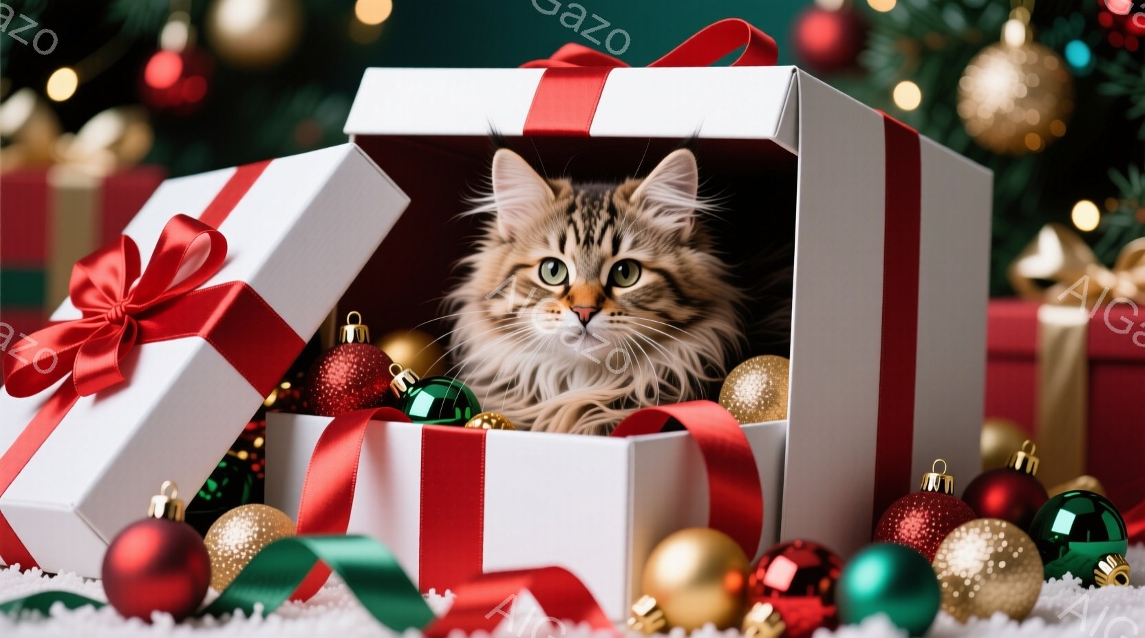 白いギフトボックスの中に、毛並みの美しい茶色の猫が座っています。猫は好奇心旺盛な表情で正面を見ており、周りには赤、緑、金色のクリスマスオーナメントが散らばっています。背景にはぼんやりとしたクリスマスツ - AI生成フリー素材