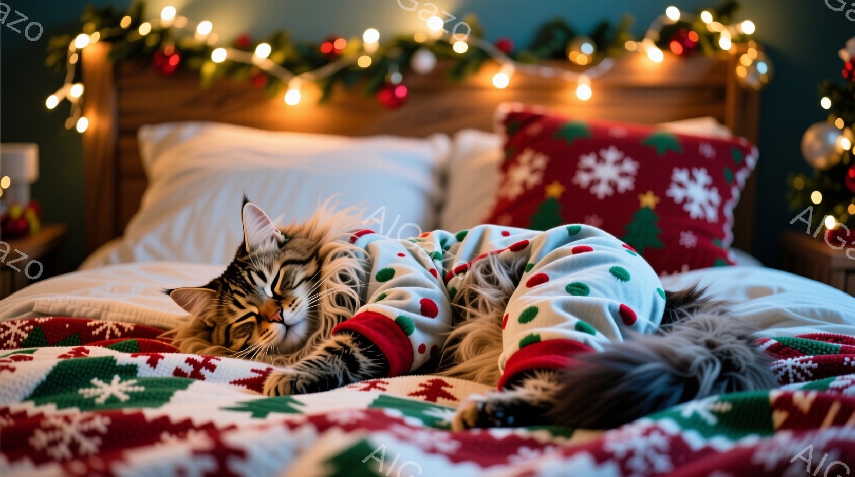 茶トラ猫がクリスマス柄のベッドに横たわり、白いパジャマを着ています。猫はリラックスした表情で目を閉じ、片足を上げています。背景には、クリスマスライトとクリスマスツリーが見え、暖かく、居心地の良い雰囲気が漂っています。