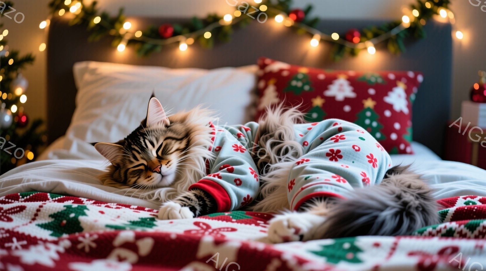 茶色の縞模様の猫が水色のクリスマスの柄の服を着て、白いベッドの上で丸まって眠っています。背景には赤い模様のクッションと、キラキラと輝くクリスマスライトが見え、暖かく心地よい雰囲気が漂っています。猫の表情はリラックスしており、冬の穏やかな午後のひとときを表現しています。