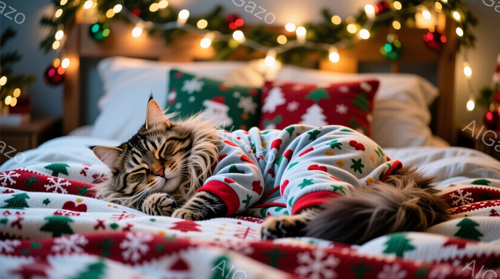 縞模様の猫がクリスマス柄のパジャマを着てベッドの上で丸まって眠っています。パジャマは赤と緑の雪の結晶模様で、猫の縞模様とよく合っています。背景にはクリスマスツリーの飾りと光がぼんやりと見え、温かく居心 - AI生成フリー素材