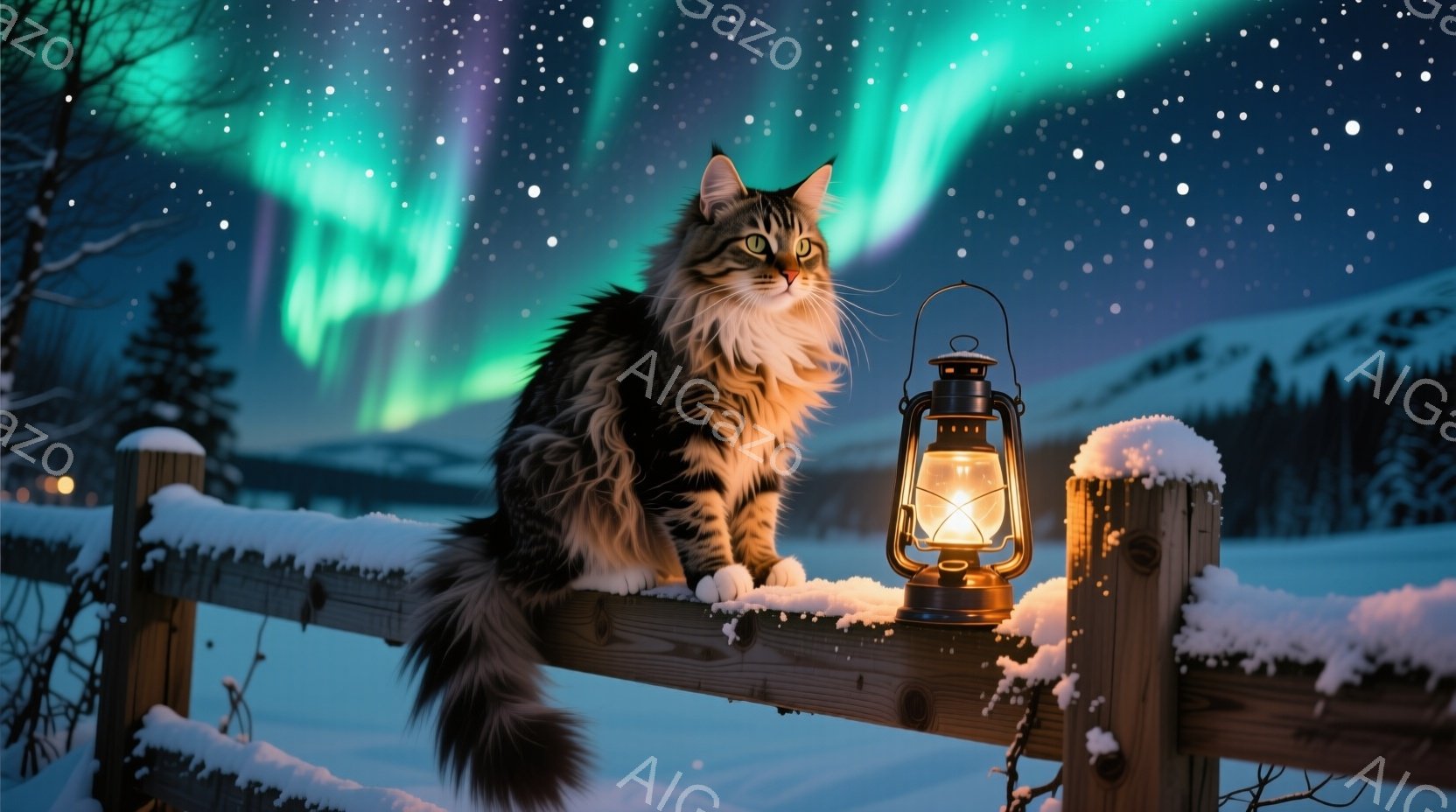長毛の猫が雪積もった木製の柵の上に座り、前方をまっすぐ見つめています。背後には夜空が広がり、オーロラが輝き、雪景色が広がっています。柵の上には点灯したランタンがあり、猫を照らし出し、幻想的な雰囲気を醸し出しています。