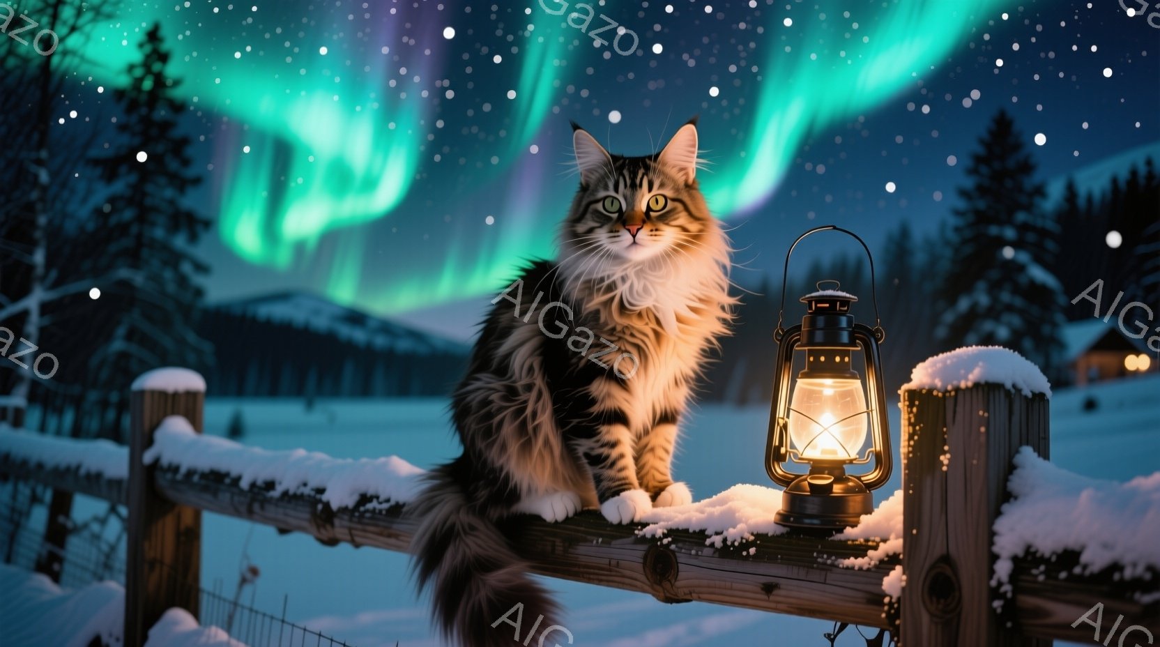 雪に覆われた木の柵の上に、縞模様の大きな猫が座っている。背景には、緑と紫のオーロラが広がり、遠くには雪に覆われた山々と、暖かく光る家屋が見える。猫は前方をまっすぐ見つめ、落ち着いた表情で冬の夜の静寂と美しさを表現している。