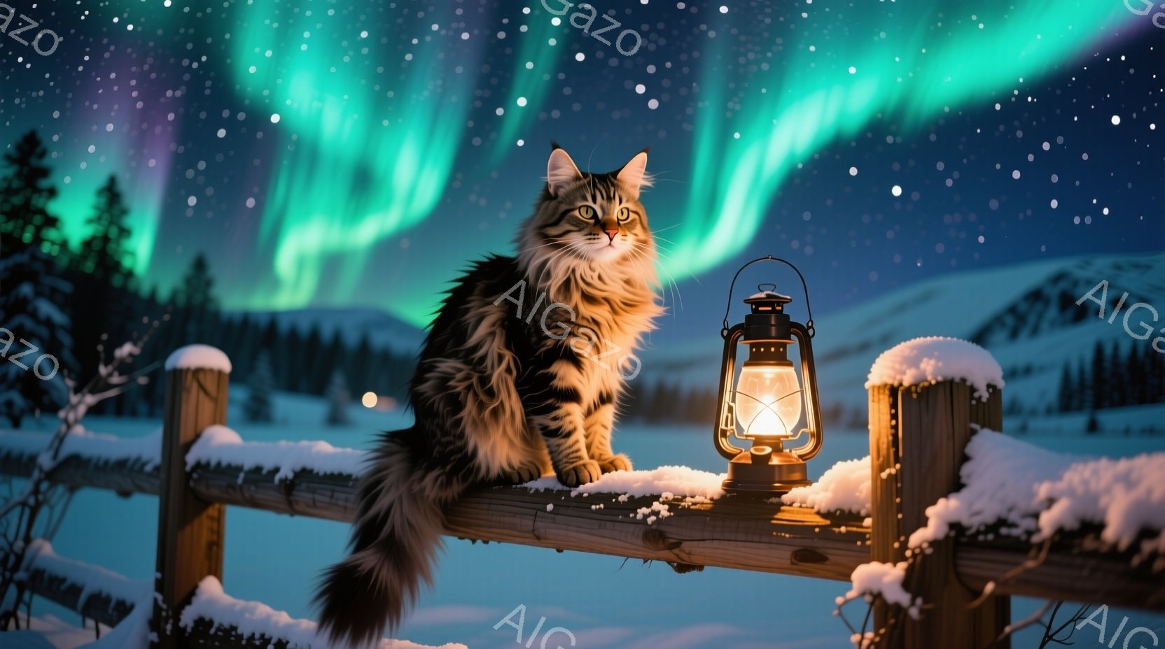 長毛の猫が雪に覆われた木製の柵の上に座っており、夜空にはオーロラが輝いています。猫は落ち着いた表情で、遠くを見つめており、柵の隣には灯りが灯ったランタンが置かれています。背景には暗い森と雪山が広がり、幻想的で静かな冬の夜の雰囲気を醸し出しています。