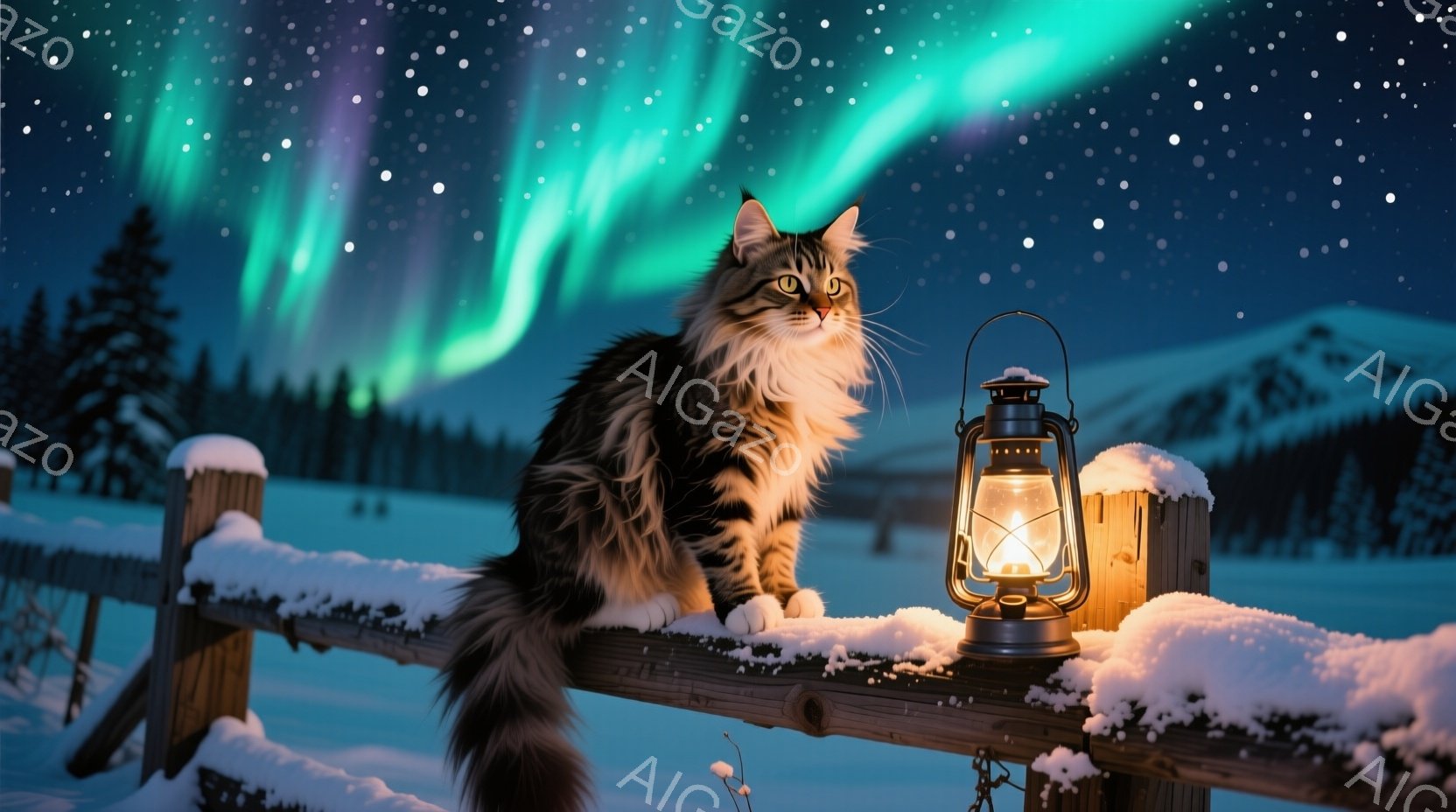 長毛の猫が雪に覆われた木の柵の上に座り、遠くの山々を見渡しています。背景にはオーロラが輝き、雪原には白銀の世界が広がっています。傍らには灯油ランタンが置かれ、静かで幻想的な冬の夜の雰囲気を醸し出しています。
