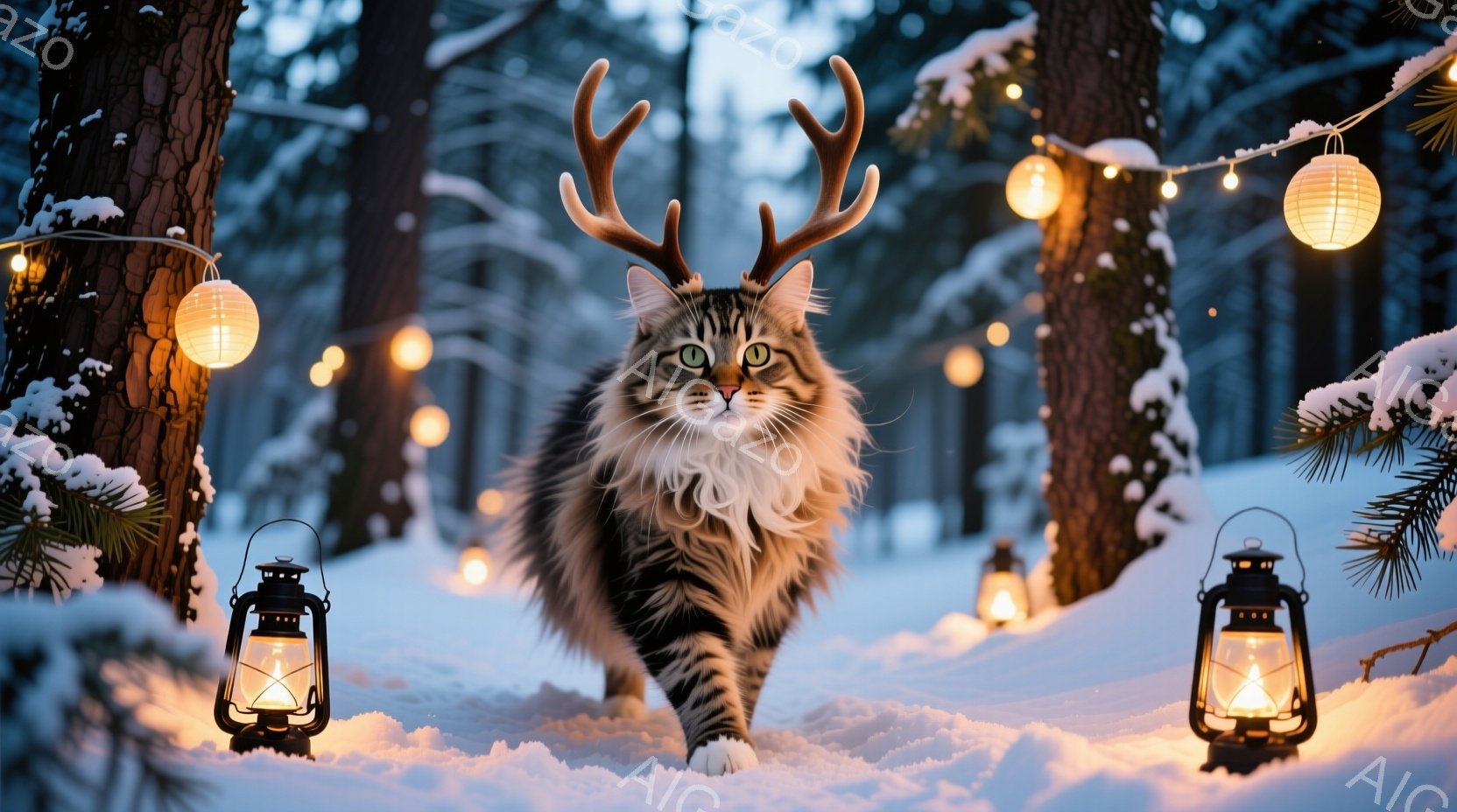 長毛の猫が雪景色の中を堂々と歩いている。頭には角が生えており、まるで冬の森の精霊のような姿である。背景には雪に覆われた木々と、暖かく光るランタンが並び、幻想的な雰囲気を醸し出している。 - AI生成フリー素材