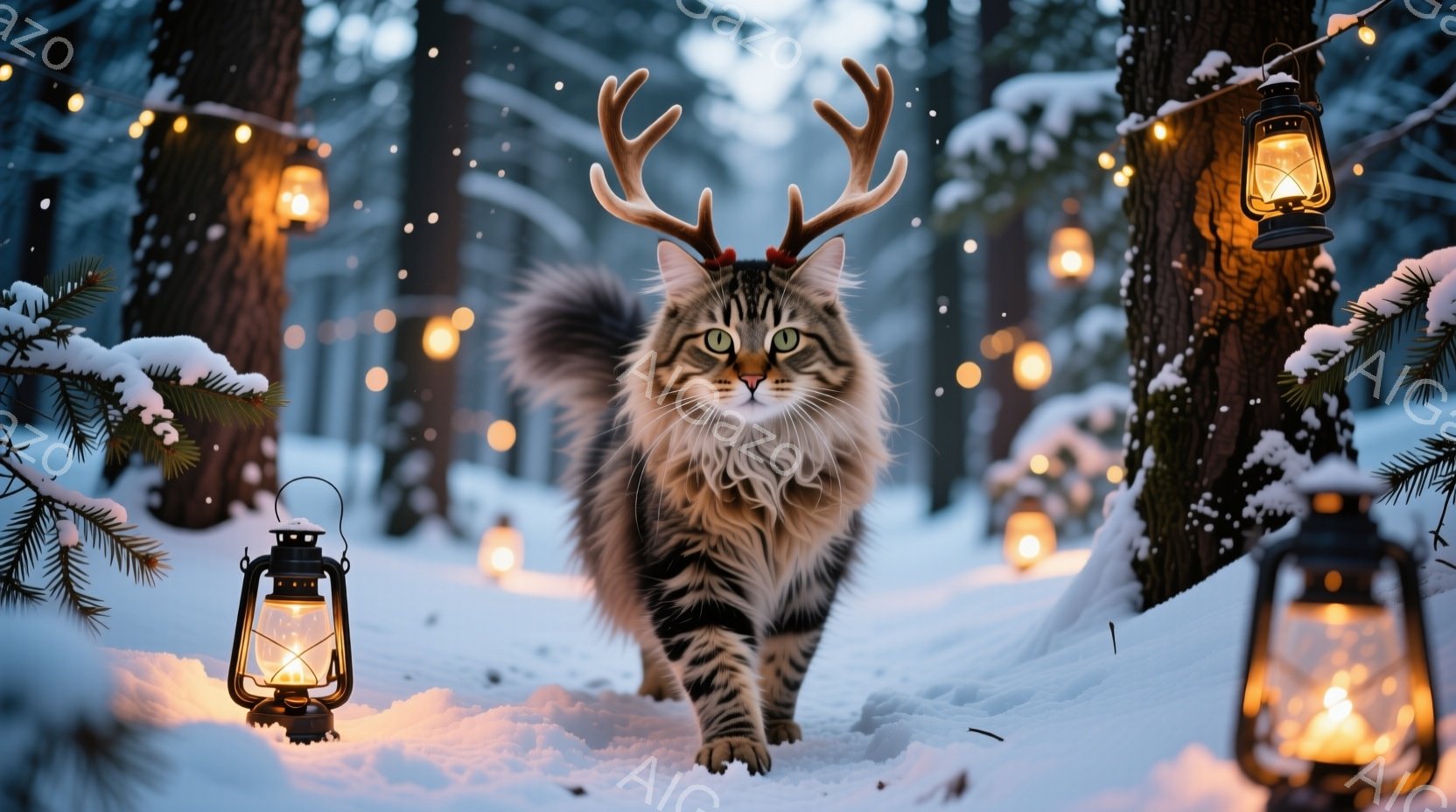 縞模様の大きな猫が、角のような飾りをつけて雪の中を歩いている。背景には、雪に覆われた木々と、暖かい光を放つランタンが散りばめられており、幻想的な冬の雰囲気を醸し出している。猫は自信に満ちた表情で前を見 - AI生成フリー素材