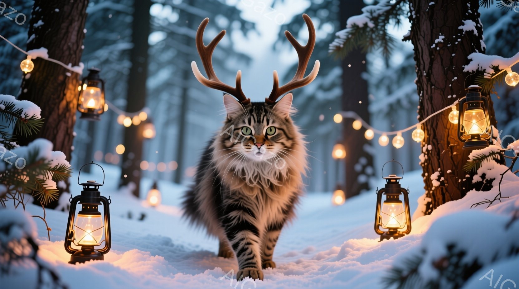 長毛の猫が雪景色の中を堂々と歩いている。頭には鹿のような角が生えており、まるで森の精霊のような神秘的な姿である。背景には雪をまとった木々と、暖かく光るランタンが並び、幻想的な冬の雰囲気を醸し出している。