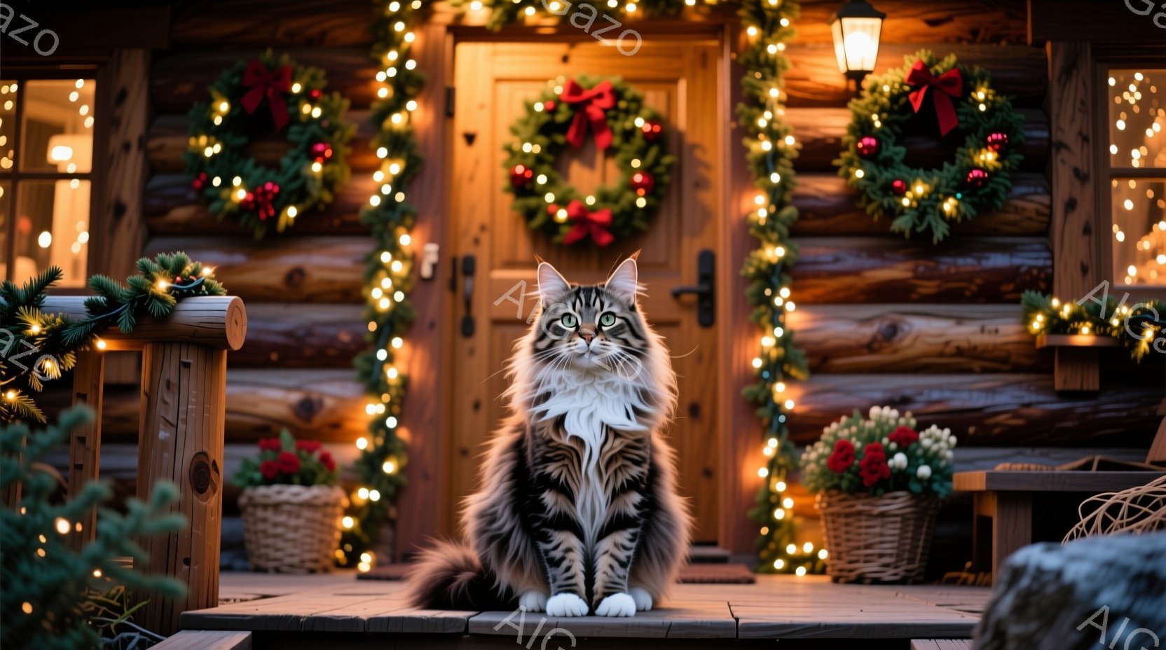 長毛のグレーと白の猫が、クリスマス装飾された木の家の玄関ポーチに座っています。背景には、クリスマスリースとキラキラ光るライトで飾られた玄関ドアがあり、暖かくお祝いの雰囲気を醸し出しています。ポーチには花が咲いたバスケットが置かれており、猫は正面を見て、堂々とした姿勢で冬の美しさを表現しています。