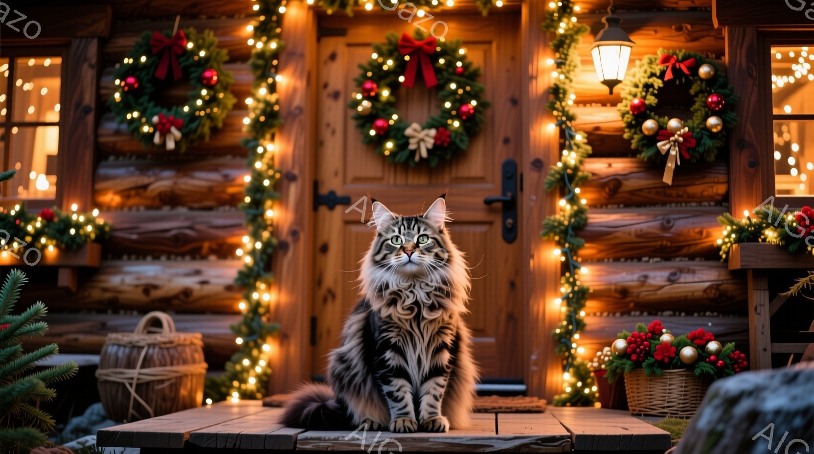 長毛の灰色の猫が木製のポーチに座り、カメラの方を見ています。背景には、クリスマスデコレーションで飾られた丸太小屋があり、暖色の光が灯っています。クリスマスのリースや飾り付けが全体に暖かく、お祝いの雰囲気を醸し出しています。