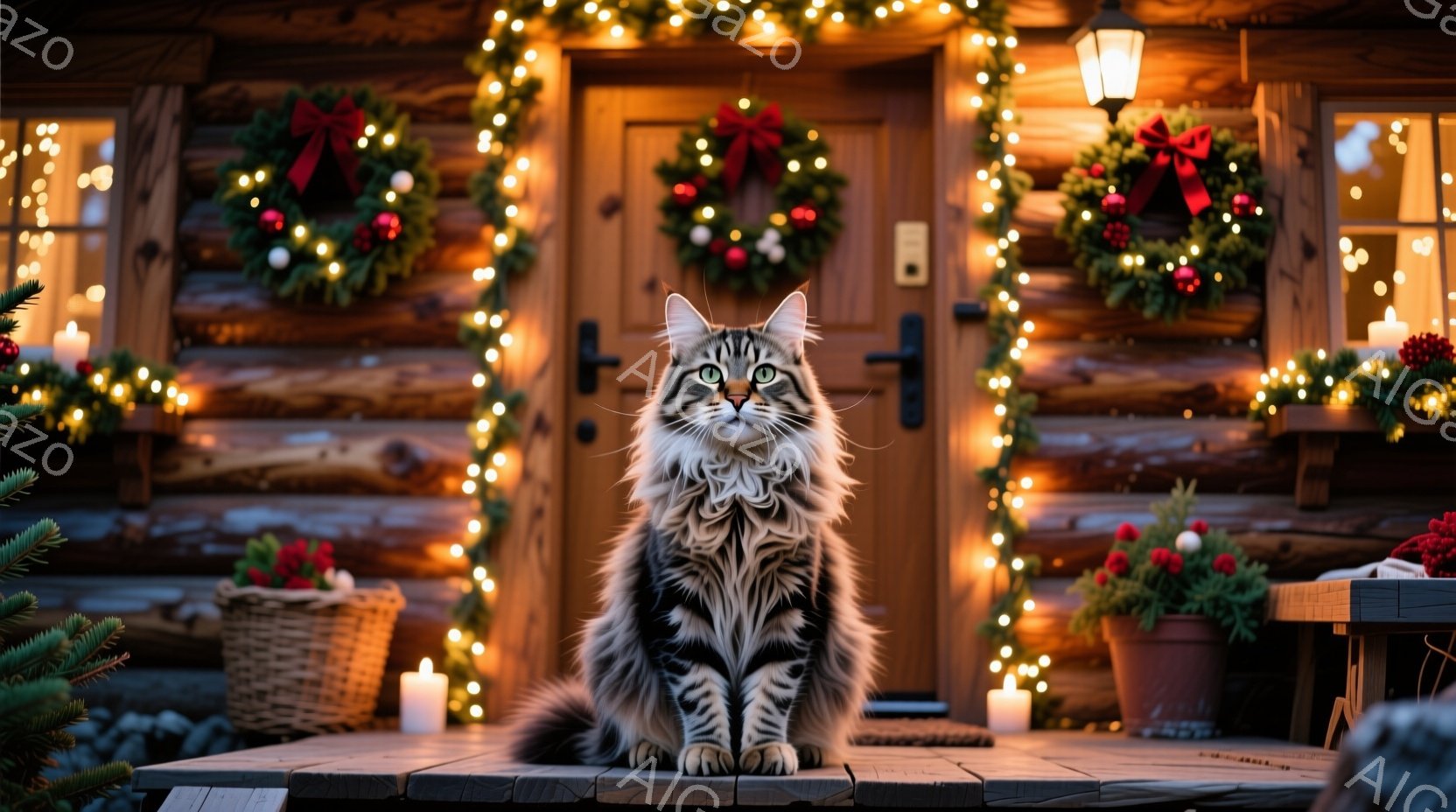 2匹の縞模様の猫が、雪の降るクリスマスのオーナメントであるスノーグローブをじっと見つめている。周囲には、キャンドル、松ぼっくり、緑の葉などが置かれ、雪景色が演出されている。暖かく、幻想的なクリスマスの - AI生成フリー素材