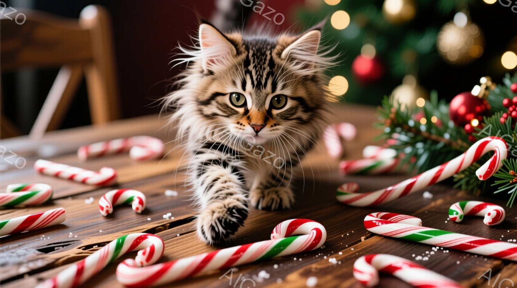 茶色と黒の縞模様の小さな子猫が、たくさんの赤い白のキャンディケーンに囲まれた木のテーブルの上を歩いている。子猫は前足を伸ばして歩き出し、好奇心に満ちた表情でカメラを見ている。背景にはぼやけたクリスマス - AI生成フリー素材