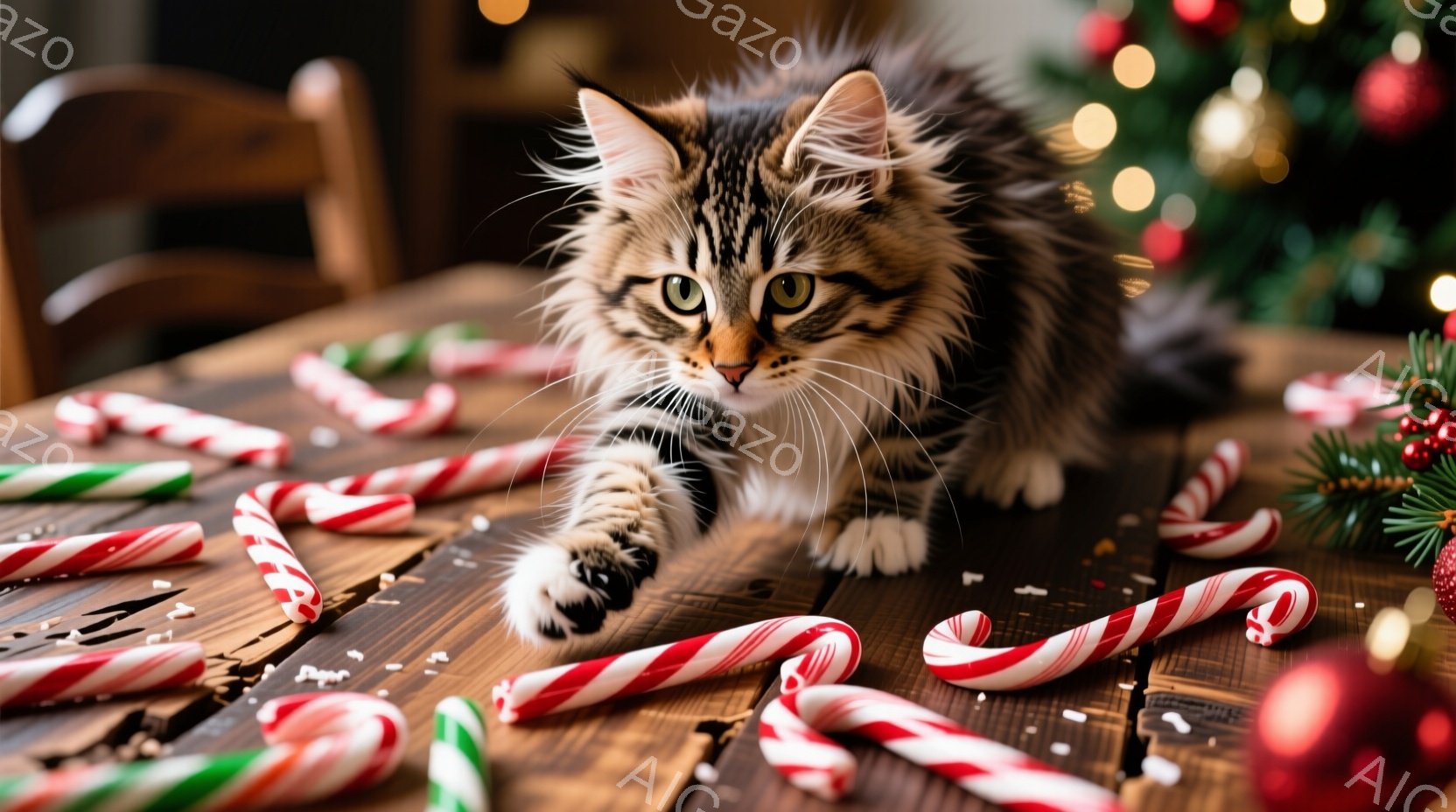 茶色の木製のテーブルの上に、白と茶色の縞模様の猫がいます。猫は片足を伸ばして何かを掴もうとしており、少しいたずらっぽい表情をしています。背景にはクリスマスツリーのぼやけた光と、散らばったキャンディケー - AI生成フリー素材