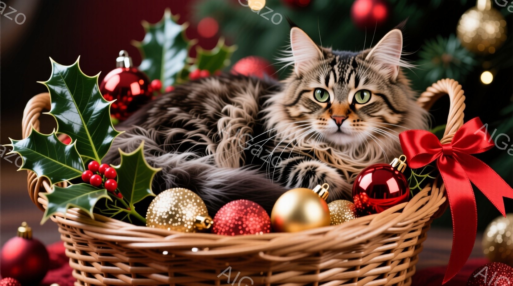 籐の籠の中に、縞模様の美しい猫が横たわっています。猫は緑色の目をしており、リラックスした表情で正面を見つめています。籠の周りには、クリスマスオーナメントや赤い実の付いた葉が飾られ、背景にはぼやけたクリ - AI生成フリー素材