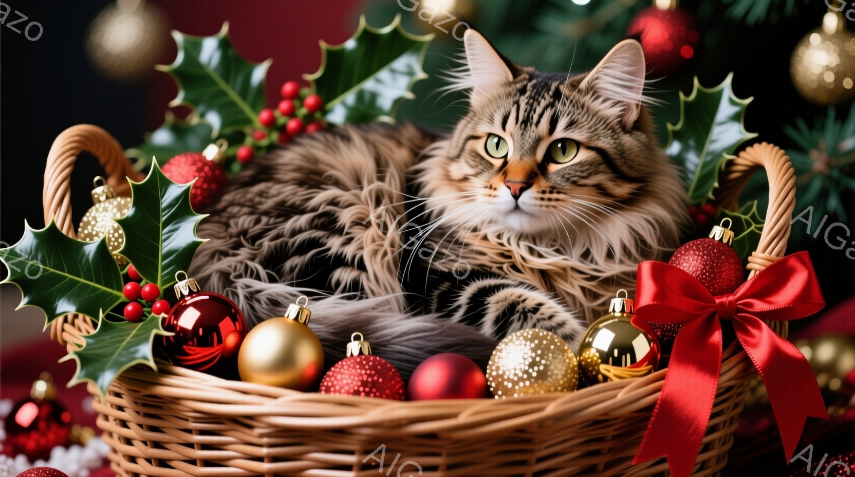 籠の中に、毛並みの美しい茶色の縞模様の猫が横たわっています。周囲には赤い実の付いた葉や、赤と金のオーナメントが散りばめられ、クリスマスの飾り付けの一部となっています。猫は穏やかな表情でカメラを見つめ、全体的に暖かく、お祝いムードに包まれた雰囲気です。
