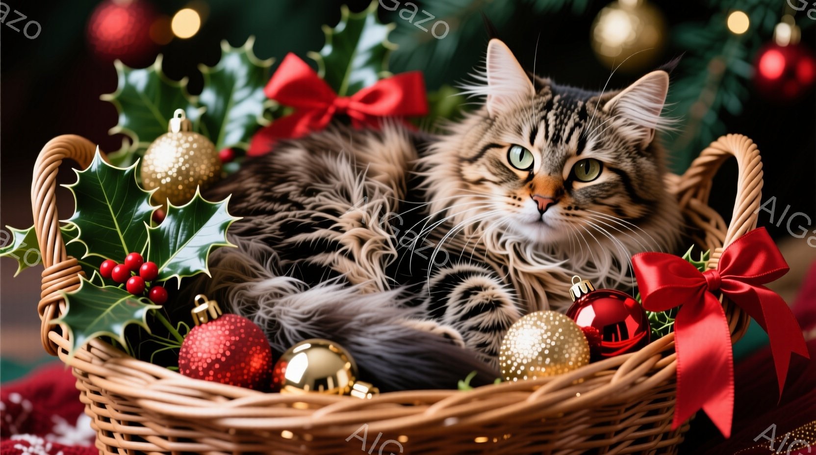 籐のバスケットに、毛並みの美しい茶トラ猫が丸まって眠っています。猫は緑色の葉と赤い実、そして赤いリボンで飾られたクリスマスオーナメントに囲まれ、穏やかな表情でこちらを見つめています。背景にはぼやけたクリスマスツリーの光があり、暖かく心地よいホリデースピリットが感じられます。