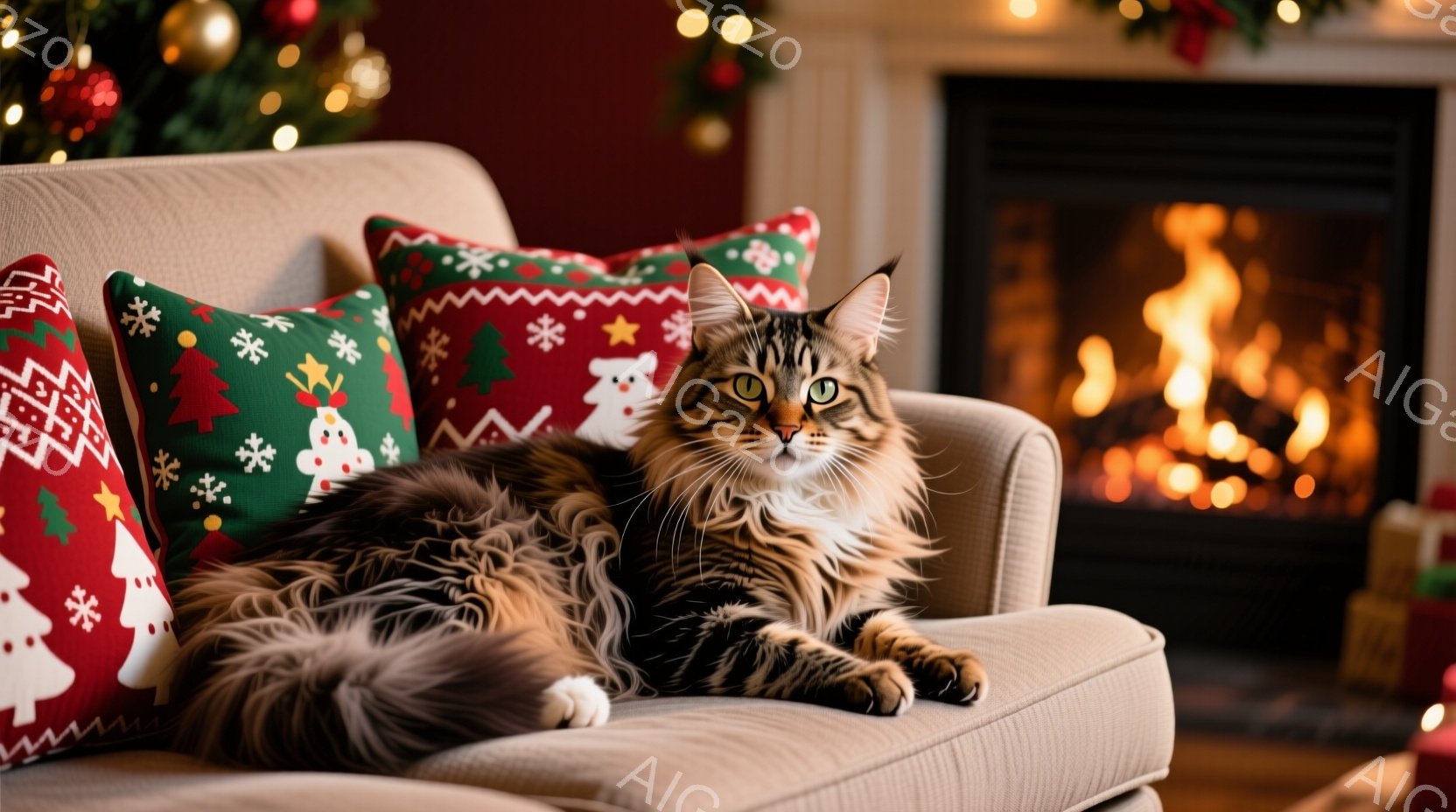 長毛の猫がベージュ色のソファにゆったりと横たわっており、緑と赤のクリスマス柄のクッションに囲まれています。猫はリラックスした表情で、まるでクリスマスの雰囲気を楽しんでいるかのようです。背景には暖炉があ - AI生成フリー素材