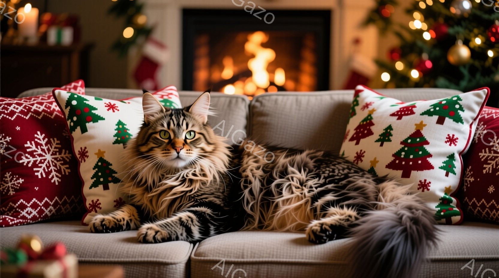 長毛の猫が、クリスマス柄のクッションに囲まれたグレーのソファに横たわっています。猫はリラックスした表情で、少し上目遣いにカメラを見つめており、毛並みはふさふさとしています。背景には、キラキラと輝くクリスマスツリーと暖炉の炎が見え、温かく心地よいホリデースタイルの雰囲気を醸し出しています。