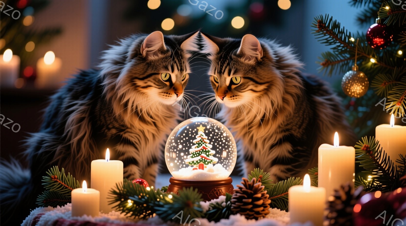ふわふわの毛並みを持つ二匹の猫が、雪の結晶が舞うクリスマスのオーナメントであるスノーグローブをじっと見つめています。周囲には、暖かく光るキャンドルや、クリスマスツリーの緑、松ぼっくりが配置され、冬の暖炉のような雰囲気を醸し出しています。背景はぼかされており、光の玉が散りばめられ、幻想的で温かいクリスマスの光景を表現しています。