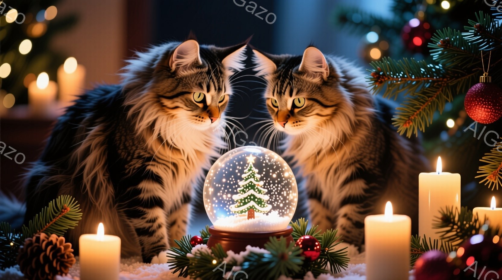 2匹の縞模様の猫が、雪の降るクリスマスのオーナメント（スノーグローブ）を見つめています。背景には、緑のクリスマスツリーの葉、白いキャンドル、そしてぼんやりとしたクリスマスライトが散りばめられ、暖かく穏 - AI生成フリー素材