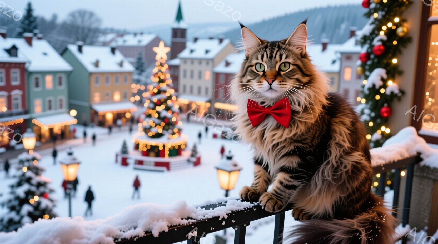 長毛の猫が雪で覆われた手すりに座り、赤い蝶ネクタイを付けている。背景には、クリスマスツリーが飾られた雪景色の中のヨーロッパ風の建物が並び、暖かな光が灯っている。全体的に、温かく、お祝いの雰囲気が漂う冬 - AI生成フリー素材