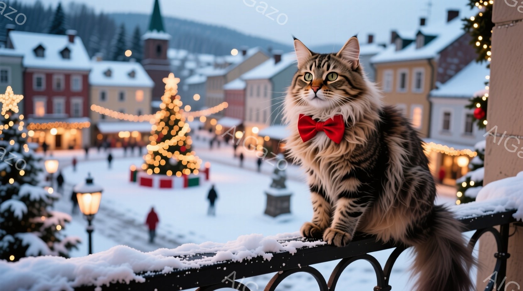 長毛の猫が雪で覆われた手すりに座り、赤い蝶ネクタイをつけてカメラを見つめている。背景には、クリスマスツリーやイルミネーションで飾られた雪景色の中の可愛らしい建物が並び、冬の暖かい雰囲気が漂っている。全 - AI生成フリー素材