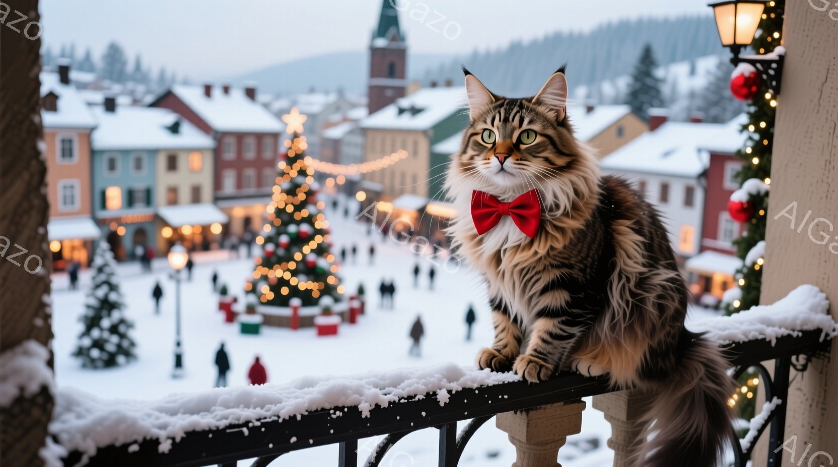 縞模様の大きな猫が、赤い蝶ネクタイをつけ、雪で覆われた手すりに腰掛けています。背景には、クリスマスツリーやライトアップされた建物が並ぶ雪景色が広がり、遠くには山々が見えます。暖かく華やかな雰囲気でありながら、猫の凛とした表情が印象的です。