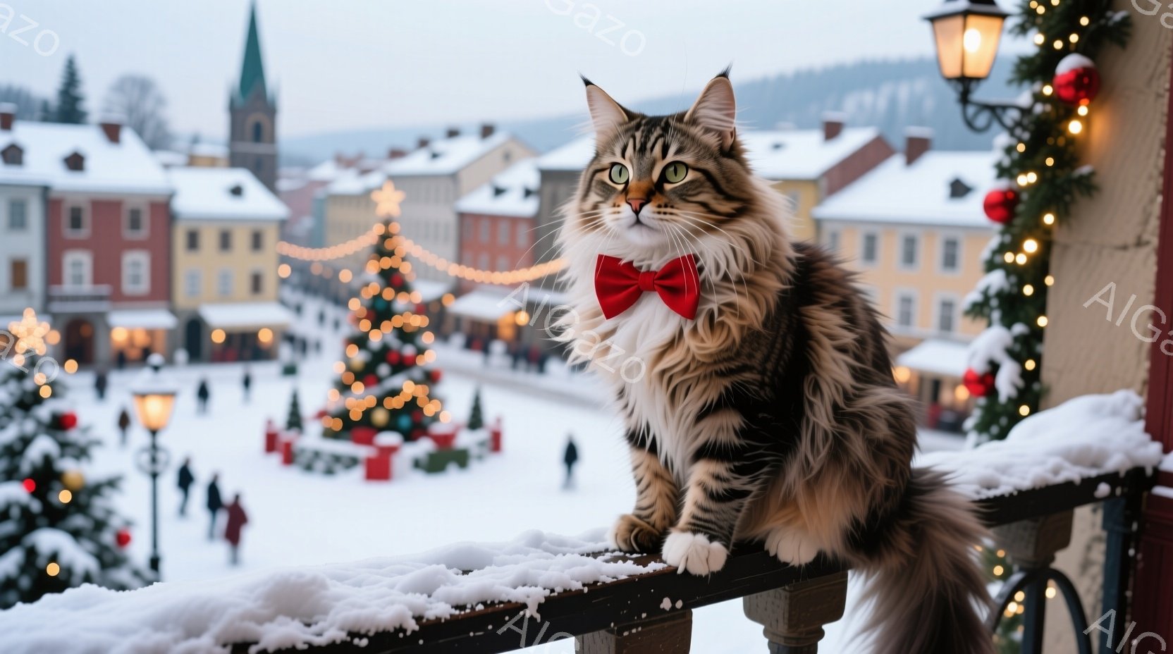 長毛の猫が、クリスマスの飾り付けがされた街並みを背景に、バルコニーの手すりに座っています。赤い蝶ネクタイを身につけ、緑色の瞳でカメラを見つめており、堂々とした姿勢を保っています。背景には、雪に覆われた - AI生成フリー素材