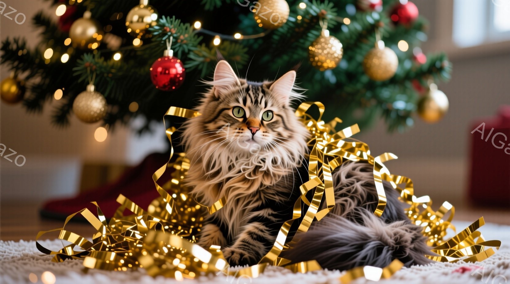 長毛の灰色と黒の縞模様の猫が、クリスマスの飾り付けられたツリーの前に丸まって座っています。猫は緑色の瞳でカメラを見つめ、優雅でリラックスした表情をしています。背景には、金色のオーナメントで飾られたクリスマスツリーと赤いプレゼント箱が見え、お祝いの雰囲気が漂っています。