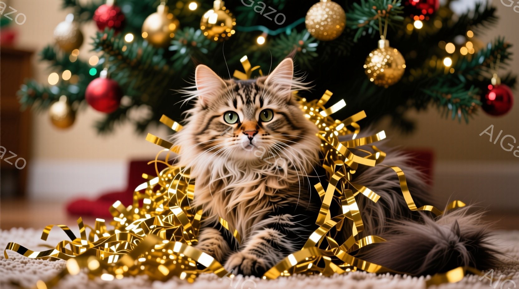 長毛の茶トラ猫がカーペットの上に座り、金色のリボンに囲まれています。猫は正面を見ており、緑色の瞳が印象的で、リラックスした表情をしています。背景にはクリスマスツリーが飾られ、暖かく華やかなクリスマスの雰囲気を醸し出しています。