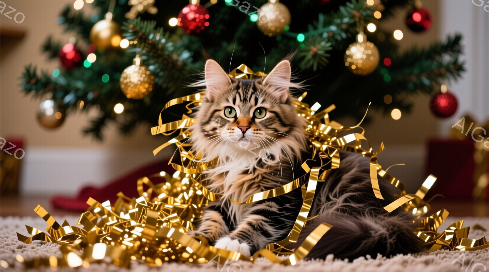 長毛の猫が、クリスマスツリーの足元に散らばった金色のリボンの中に横たわっています。猫は明るい目をしていて、リラックスした表情で、毛並みはグレーと黒の美しい模様です。背景には、赤いオーナメントが飾られた - AI生成フリー素材
