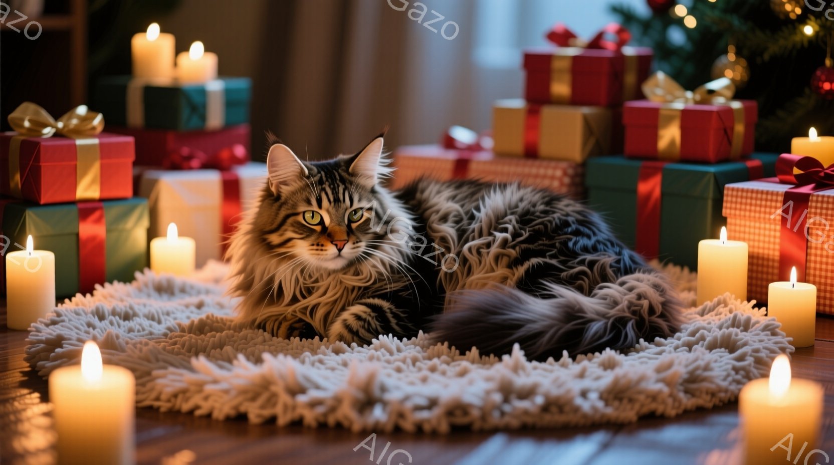 長毛の猫が、ふわふわの白いラグの上に横たわってリラックスしています。背景には、赤や緑のリボンで飾られたプレゼントの山が積み上げられており、周囲には明かりを灯したキャンドルが配置されています。暖かく、穏 - AI生成フリー素材