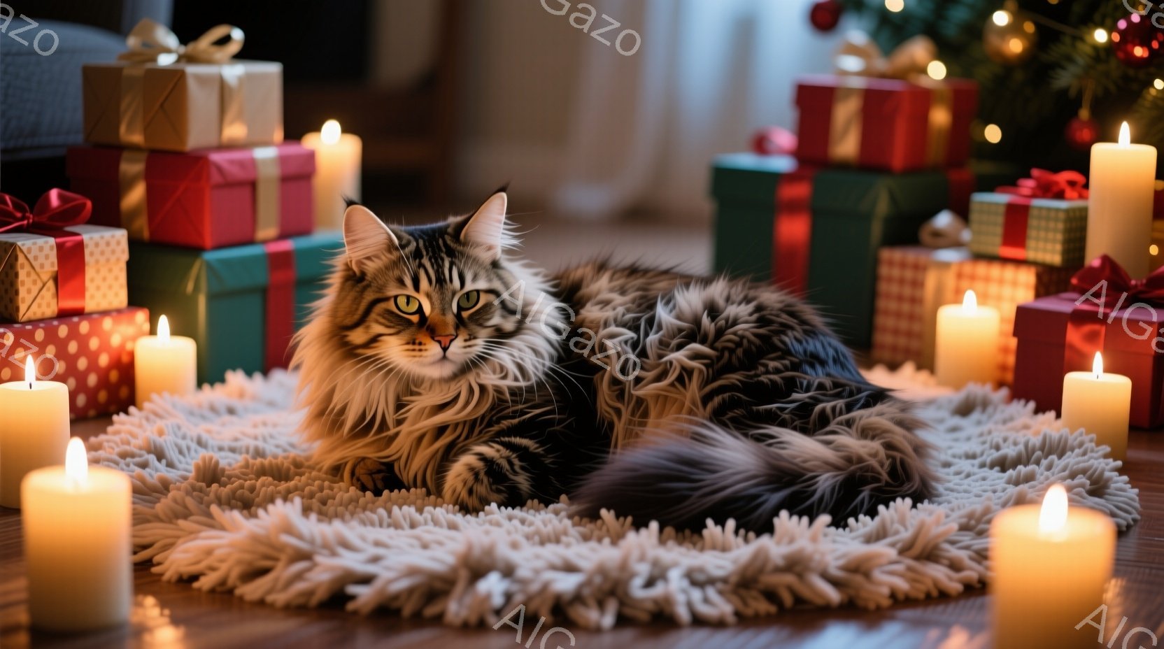 長毛の猫がふわふわのラグの上で丸まって横たわっています。周囲には、様々な色の包装紙で飾られたプレゼントの山と、暖かく灯る蝋燭が並び、クリスマスの温かい雰囲気を醸し出しています。猫は落ち着いた表情で、リ - AI生成フリー素材
