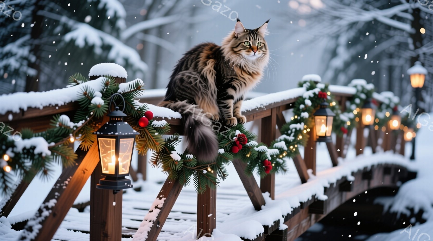 雪に覆われた木製の橋の上に、毛並みの美しい大きな猫が優雅に座っています。橋の手すりにはクリスマスリースが飾られ、点灯されたランタンが暖かく光り、冬の幻想的な雰囲気を醸し出しています。背景には雪景色が広 - AI生成フリー素材