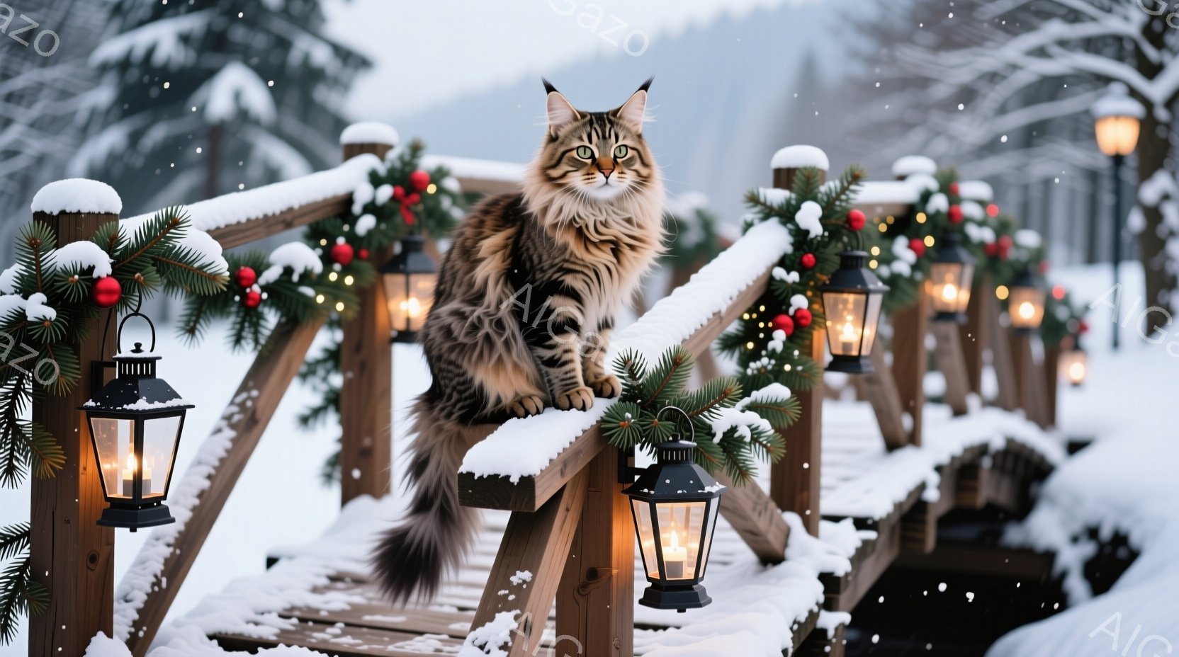 長毛の猫が雪に覆われた木の柵の上で、悠々と座っています。背景には、クリスマス飾りで飾られた柵が続き、暖かく光るランタンが並んでいます。雪が舞う冬の森が背景に広がり、穏やかで幻想的な雰囲気を醸し出してい - AI生成フリー素材