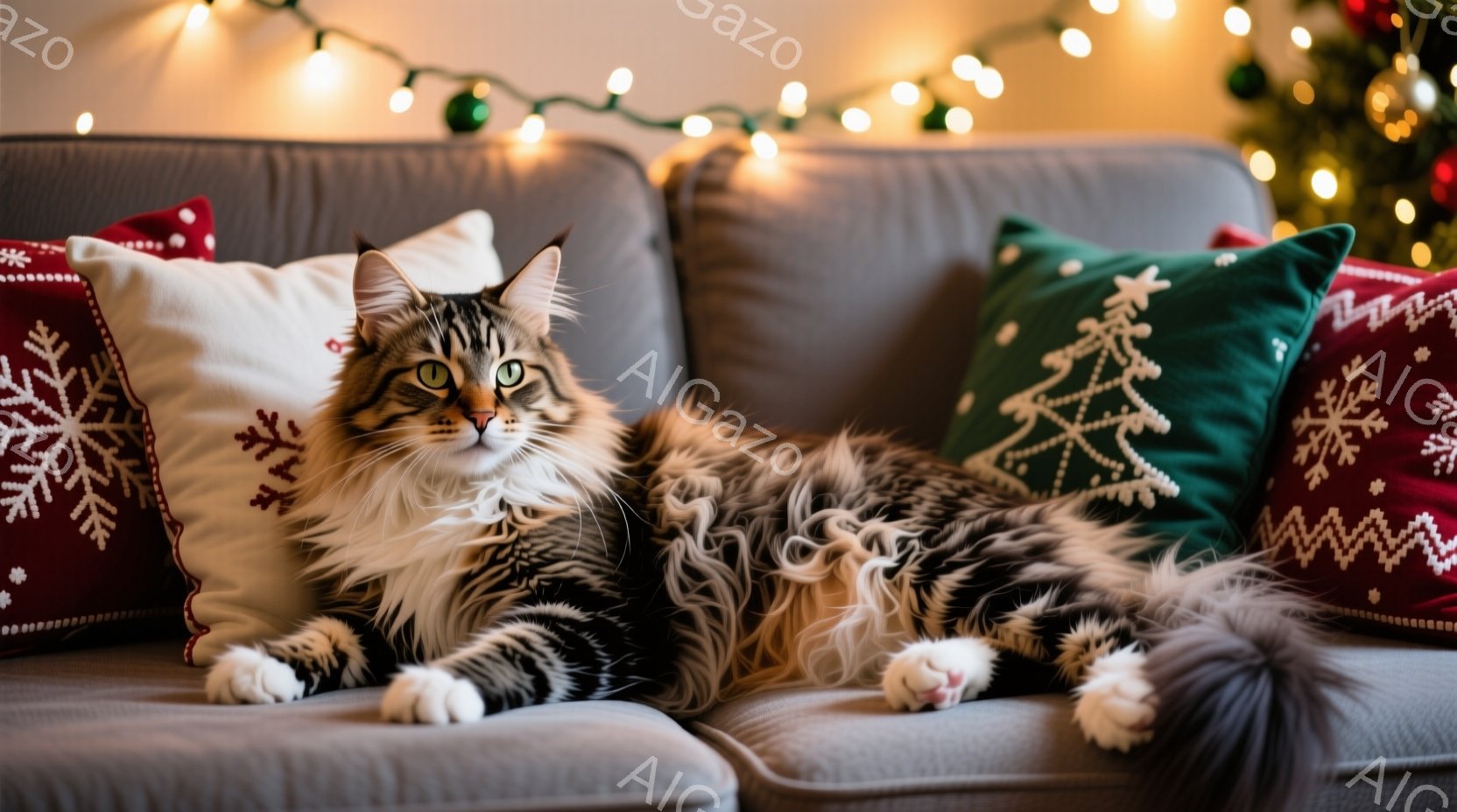 長い毛並みを持つ縞模様の猫が、灰色のソファにゆったりと横たわっています。白い足とふさふさとした尾が特徴的で、リラックスした表情でカメラを見つめています。背景にはクリスマスツリーの飾りと電飾があり、暖かく穏やかな雰囲気です。