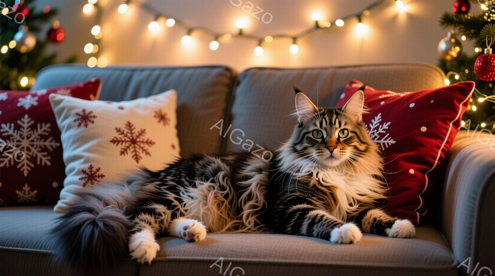 長毛の猫が灰色のソファに横たわっています。白い足と灰色の縞模様の毛並みで、緑色の目をしていて、リラックスした表情でカメラを見つめています。背景にはクリスマスツリーと赤い装飾が映り、温かく穏やかな雰囲気が漂っています。