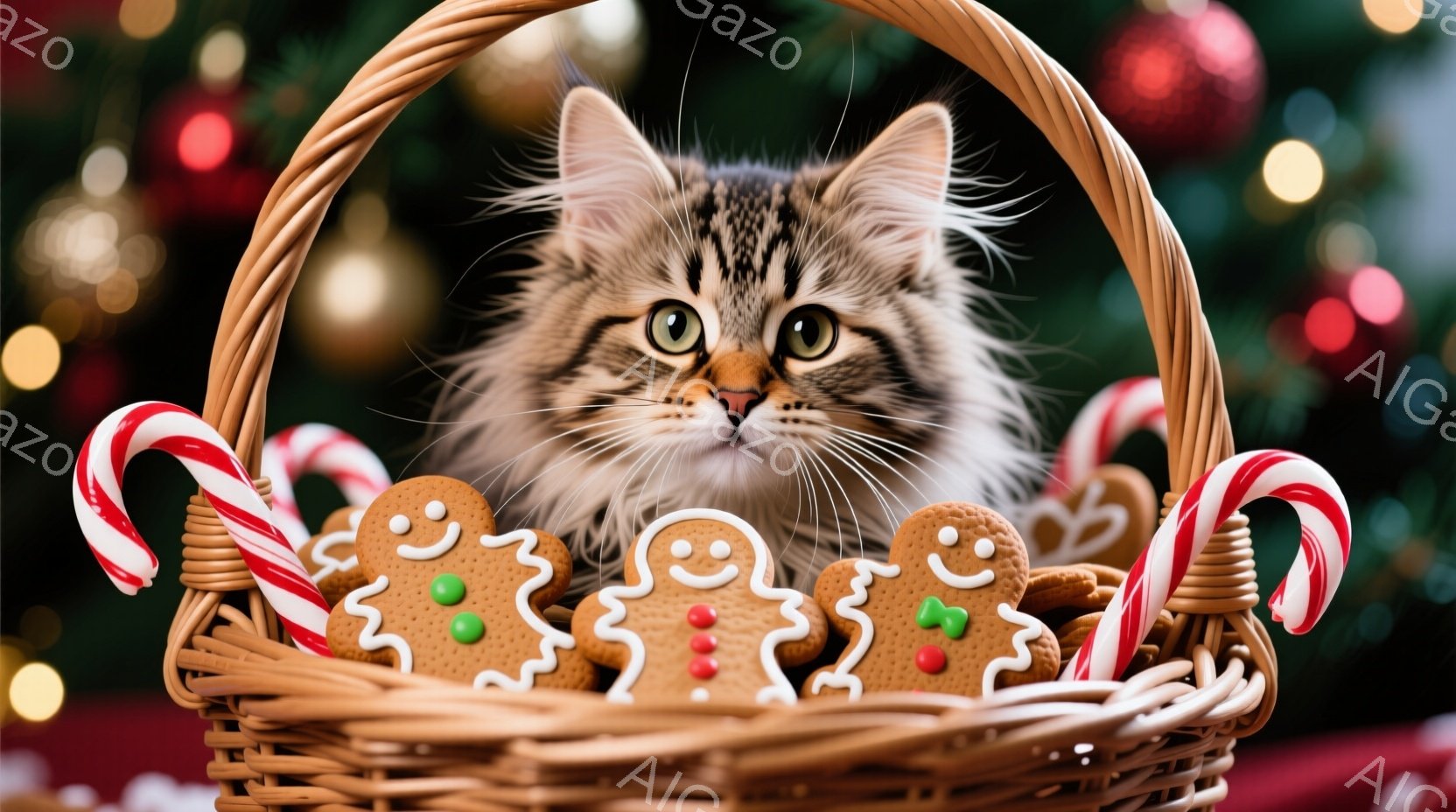 茶色の編みバスケットの中に、縞模様の猫が可愛らしく顔を覗かせています。バスケットの中には、赤い実と緑の葉で飾られたジンジャーブレッドマンと、赤と白のキャンディケーンが散りばめられています。背景はぼやけ - AI生成フリー素材