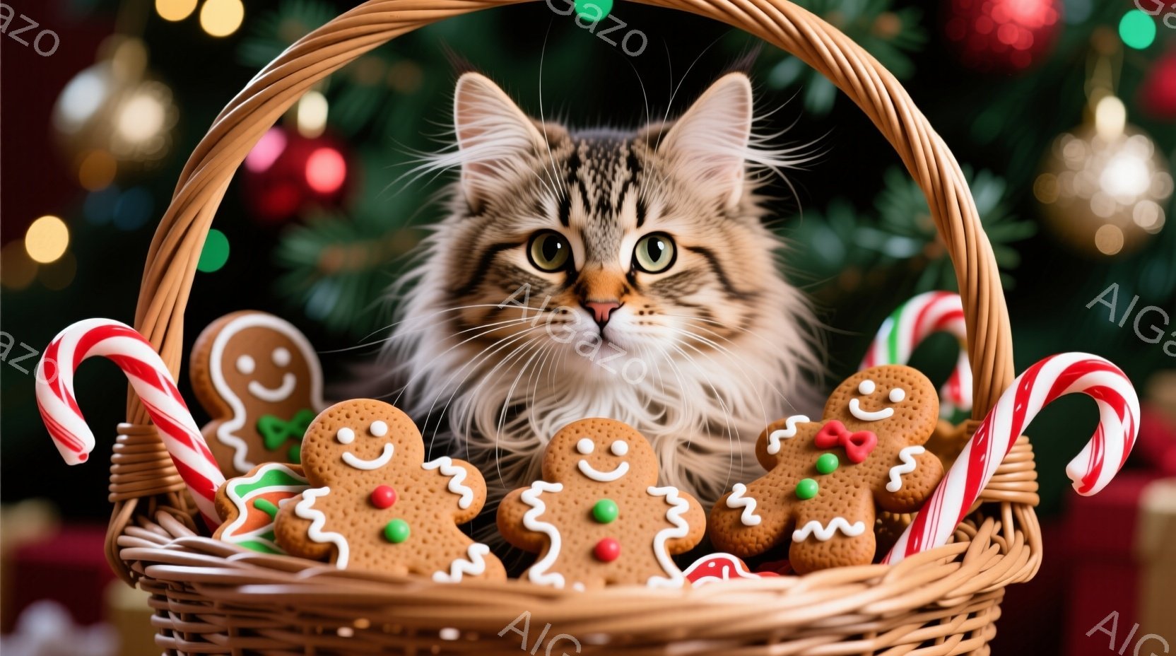 籐編みのバスケットの中に、毛並みの美しい茶色の縞模様の猫が可愛らしく顔を出しています。周りにはジンジャーブレッドマンやペパーミントキャンディが飾られており、クリスマスらしい暖かく甘い雰囲気を醸し出しています。背景にはぼやけたクリスマスツリーの飾りが見え、お祝いの季節を感じさせます。