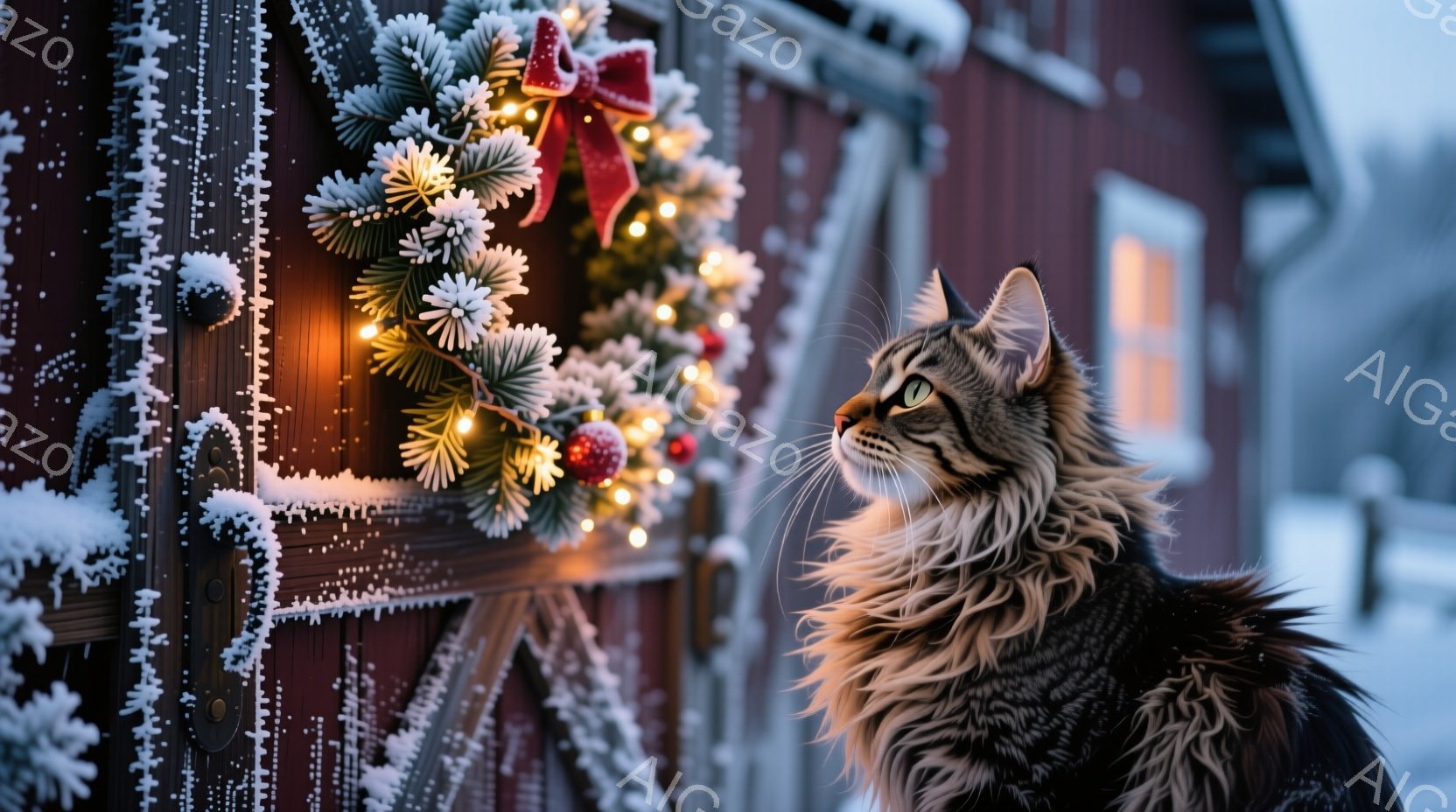長毛の猫が赤い木製の壁に飾られたクリスマスリースを見上げています。背景は雪に覆われた風景で、遠くには建物のシルエットが見え、全体的に穏やかで温かいクリスマスの雰囲気が漂っています。猫の毛並みはふさふさ - AI生成フリー素材