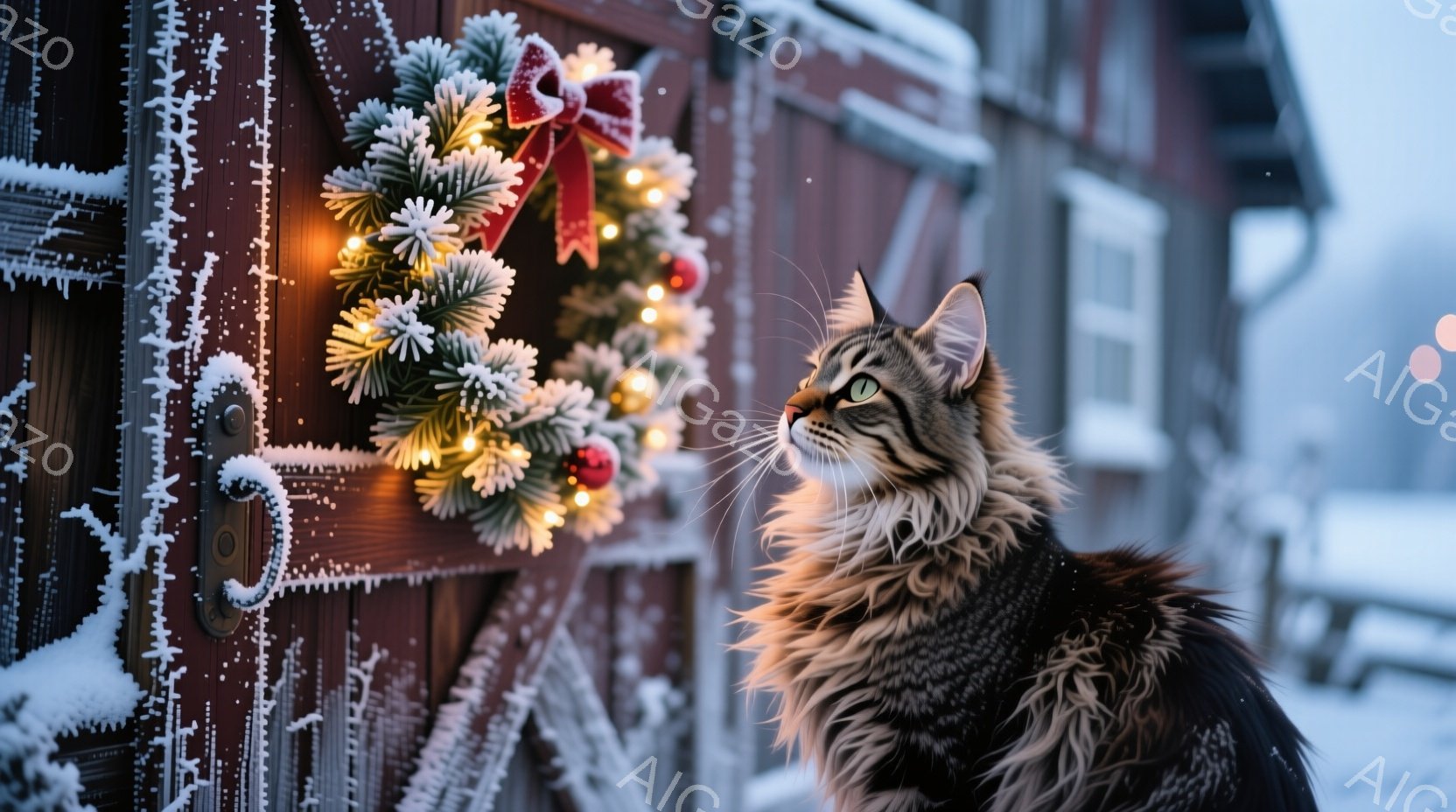 濃い縞模様の大きな猫が、雪で覆われた赤いドアの横に立っている。ドアにはクリスマスリースが飾られており、緑の葉と赤い飾り、そして点灯した小さな光が暖かさを添えている。背景は雪景色で、凍てつくような冬の静 - AI生成フリー素材