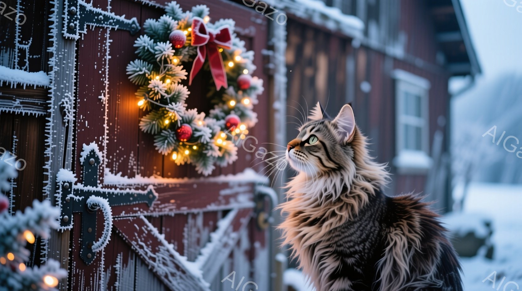 長毛の縞模様の猫が、雪で覆われた赤い木造の建物の前に立っている。建物には、赤いリボンと装飾が施されたクリスマスリースが飾られており、その周りには小さな光が輝いている。雪が降り積もり、静かで穏やかな冬の - AI生成フリー素材