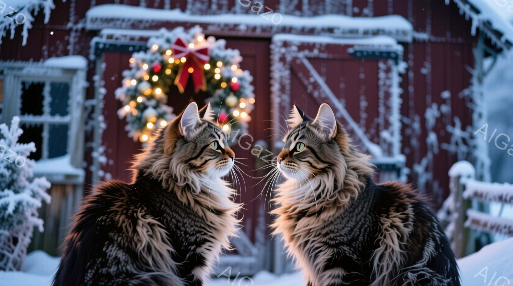 ふわふわとした毛並みの縞模様の猫が二匹、互いに顔を寄せ合って座っています。背景には雪化粧された赤い木造の建物があり、クリスマスリースが飾られています。雪が降り積もり、全体的に暖かく、穏やかな冬の雰囲気 - AI生成フリー素材