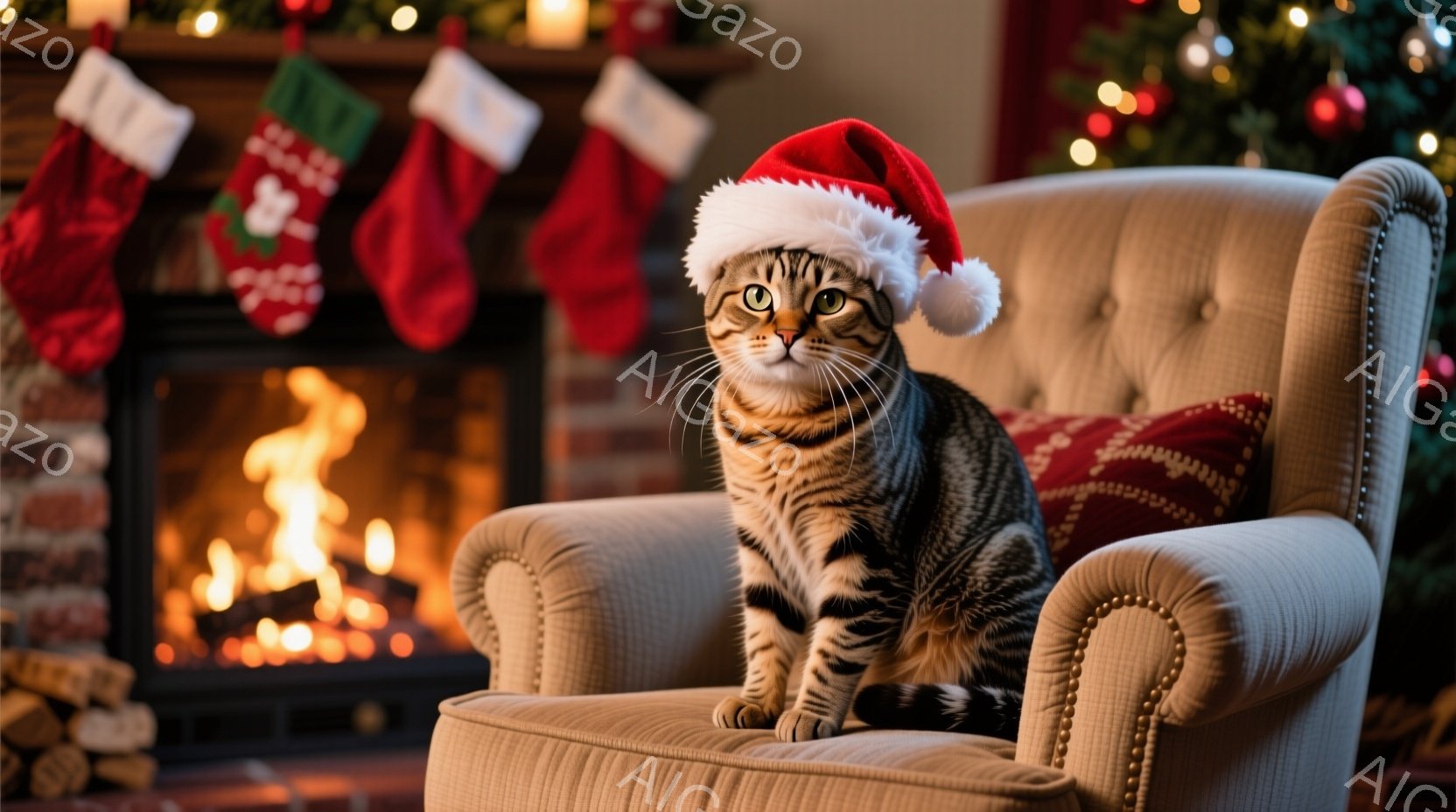 縞模様の猫が、クリスマスのサンタ帽をかぶり、肘掛け椅子の座席に座って正面を見つめています。背景には暖炉の火が燃え盛り、クリスマスストッキングが暖炉の上に飾られ、ぼやけたクリスマスツリーがわずかに見えます。全体的に暖かく、お祝いムードにあふれた、心地よいクリスマスの雰囲気が漂っています。