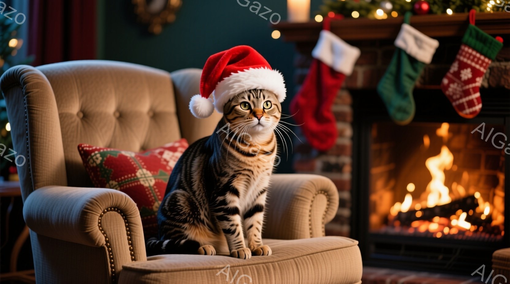 縞模様の猫が、クリスマスのサンタ帽をかぶり、大きなアームチェアに座っています。暖炉の火が灯り、背景にはクリスマスソックスが飾られ、温かく心地よいクリスマスの雰囲気が漂っています。猫は前方をまっすぐ見つめ、リラックスした表情をしています。