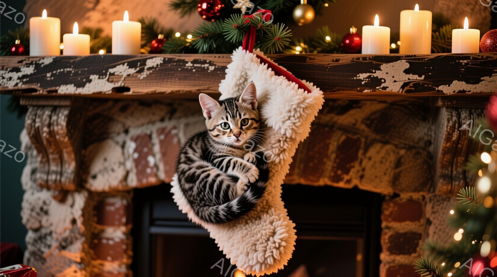 暖炉の上に飾られたクリスマスストッキングの中に、縞模様の猫が丸まって眠っています。猫はリラックスした表情で、ストッキングの柔らかい素材に寄り添っています。背景には、キラキラと光るクリスマスツリーと、暖かく灯ったキャンドルが並び、穏やかで心地よいクリスマスの雰囲気が漂っています。