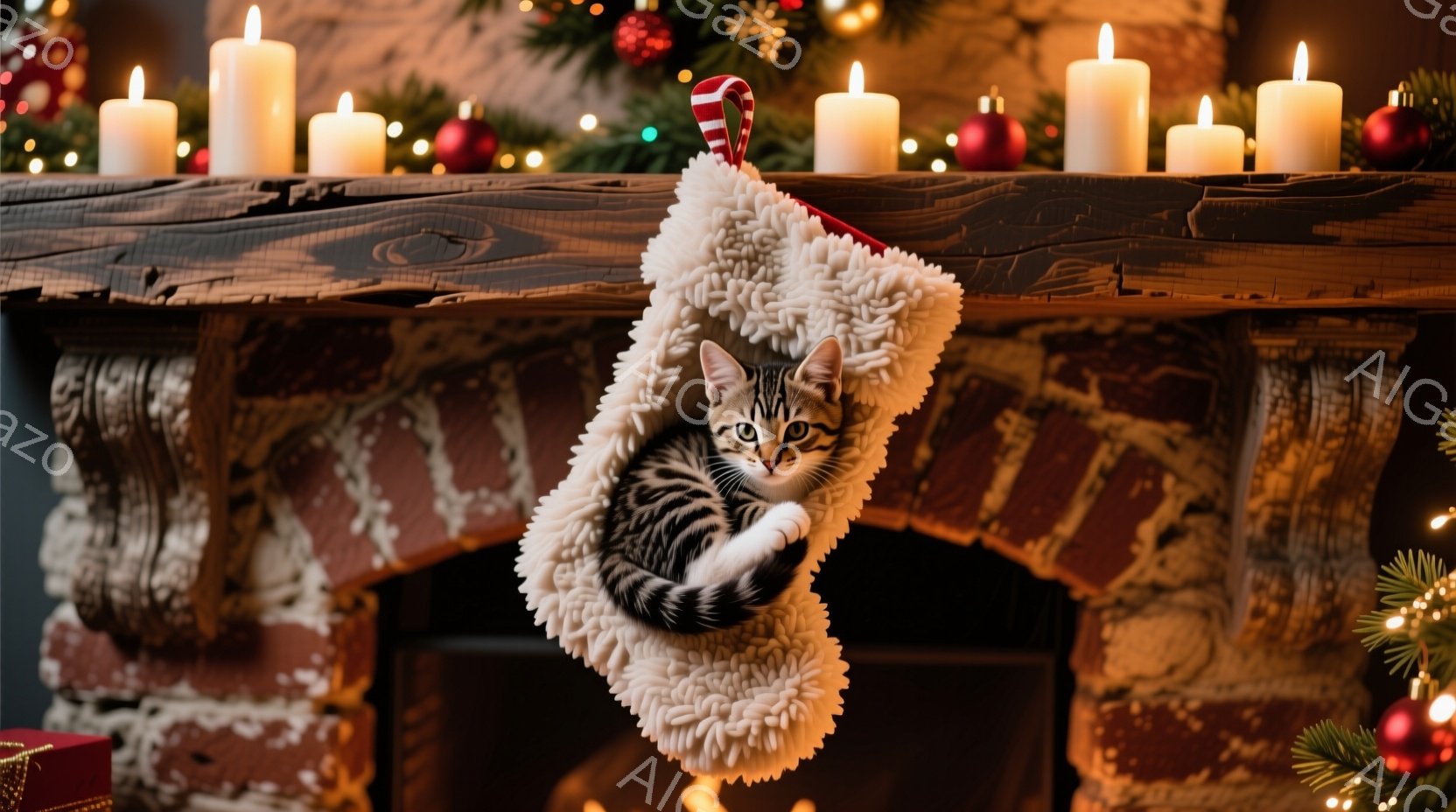 ストライプ柄の小さな子猫が、白いモコモコのクリスマスストッキングの中で丸まって眠っています。ストッキングはレンガ造りの暖炉の Mantelpiece に掛けられており、周囲には点灯したキャンドルと、赤いオーナメントで飾られたクリスマスツリーが見えます。暖かく、居心地の良いクリスマスの雰囲気が漂う、愛らしい光景です。