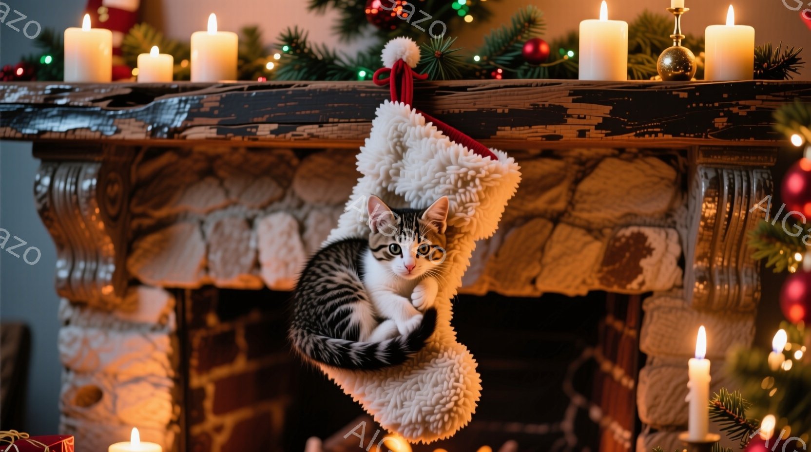 暖炉の上に、クリスマスの靴下がぶら下がっており、その中には縞模様の可愛らしい子猫が丸まって入っています。子猫は好奇心とわずかな警戒心のある表情でカメラを見ており、暖炉の周りには点灯したキャンドルやクリスマスの飾り付けが温かい光を放っています。全体的に、クリスマスの温かく居心地の良い雰囲気が漂う、魅力的な光景です。