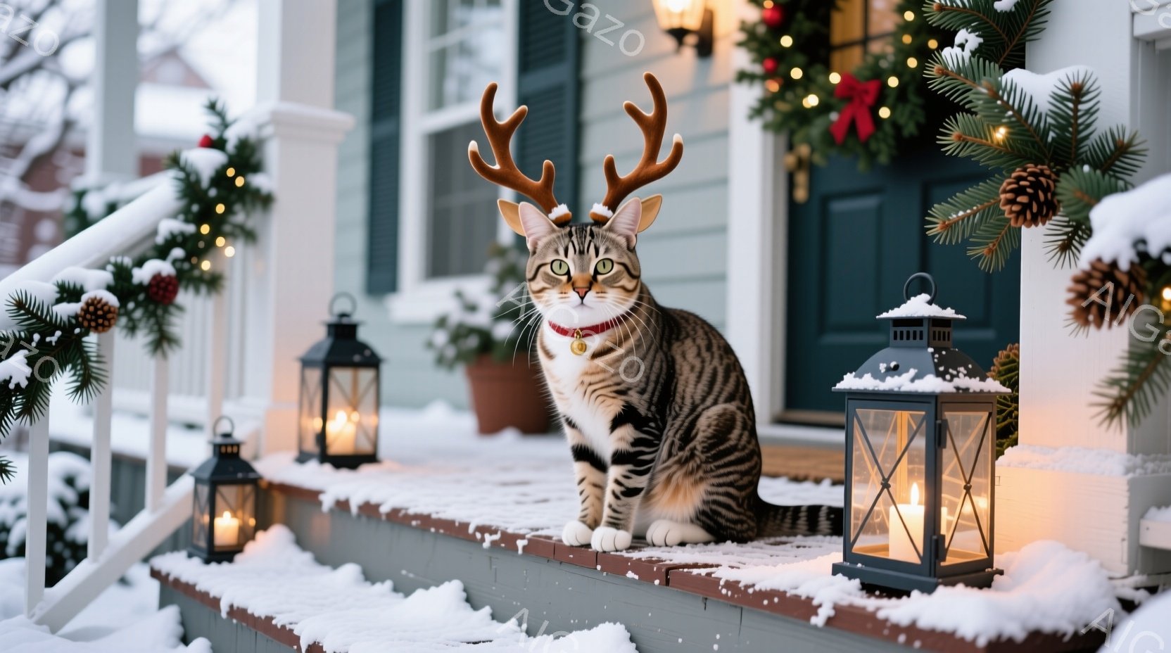 雪が降る家の階段に、縞模様の猫が座っています。猫は小さなトナカイの角をつけており、赤い首輪をしています。背景には、クリスマスデコレーションで飾られた玄関ドアと、ロウソクが灯されたランタンがあり、冬の暖かく穏やかな雰囲気を醸し出しています。